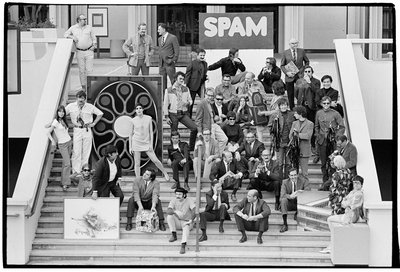 5|11  Rudi Gernreich (seated in center wearing black zippered jacket) among fellow artists on the steps of LACMA, 1968. Photo © Museum Associates/LACMA.